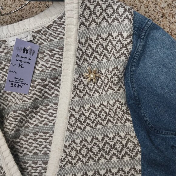 3289 Size XL Upcycled Jean Sweater Cardigan. In Cream, Grey and Blue. - Picture 6 of 9